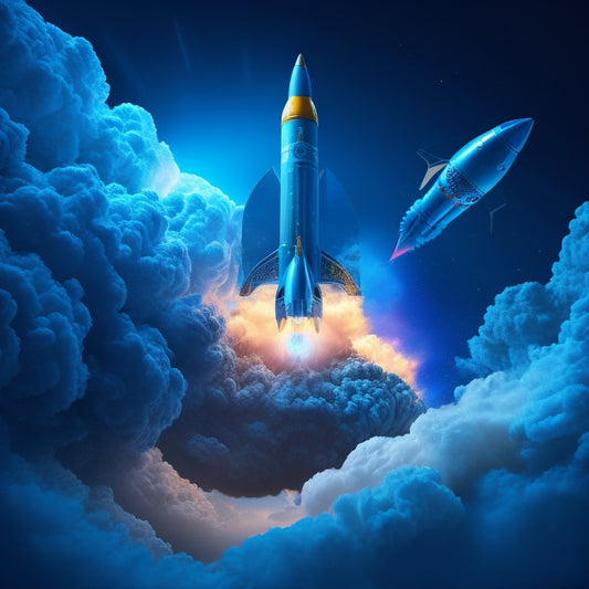A stylized, futuristic illustration of a rocket ship blasting off, surrounded by swirling clouds of code and gears, with a glowing blue aura radiating from the engine, set against a dark blue background.