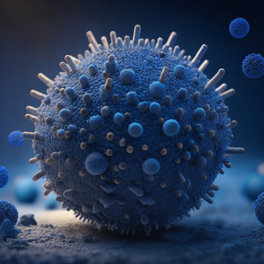 A microscopic illustration of a flu virus with a cracked, armor-like exterior, surrounded by faint, glowing blue orbs, set against a dark, ominous background with subtle, swirling patterns.