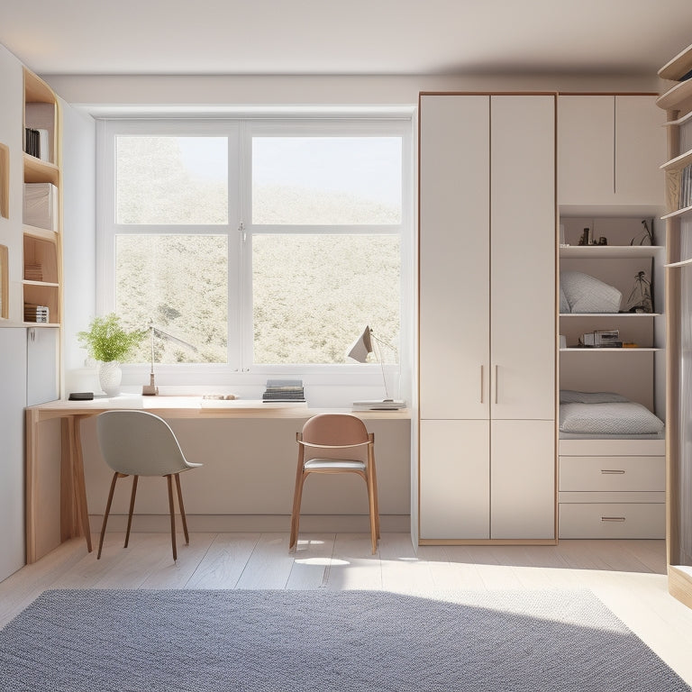 A tidy, minimalist room with a lofted bed, sliding storage drawers underneath, a compact desk with a built-in shelf, and a floor-to-ceiling storage unit with sliding doors.