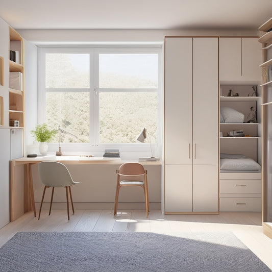 A tidy, minimalist room with a lofted bed, sliding storage drawers underneath, a compact desk with a built-in shelf, and a floor-to-ceiling storage unit with sliding doors.