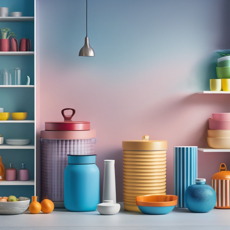 A colorful, modern kitchen backdrop with various shapes and sizes of airtight containers, stacked and arranged on shelves, with a subtle gradient effect to convey innovation and growth.