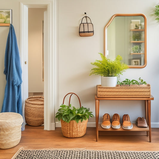 An organized small entryway with a narrow console table, a mirror above, and a woven basket on a wall-mounted shelf, surrounded by a few pairs of shoes and a small potted plant.