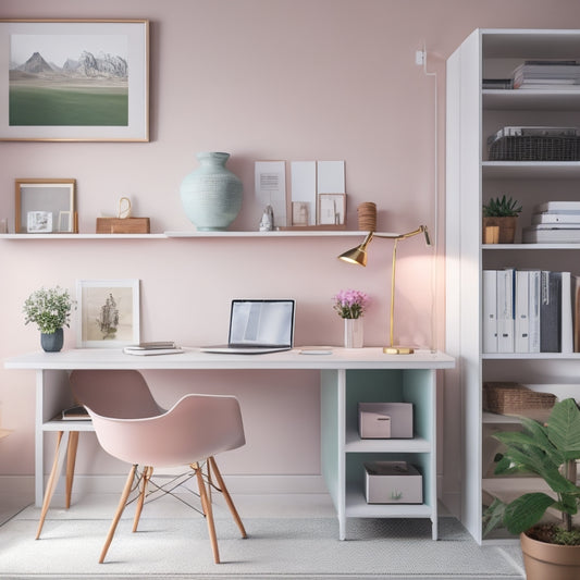 A serene, clutter-free home office with a tidy desk, a sleek laptop, and a minimalist shelving unit, surrounded by a subtle background of soft pastel colors and natural light.