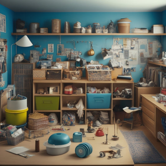 An illustration of a cluttered room transforming into a tidy space, with measuring tape and various storage containers of different sizes and shapes, arranged in a harmonious and organized manner.