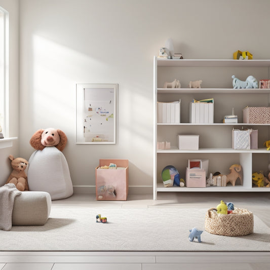 A serene, minimalist playroom with a few, carefully chosen toys and books on open shelves, a calm-colored area rug, and a few, neatly labeled storage bins in the corner.