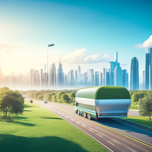 A futuristic cityscape with sleek, silver waste management trucks and drones flying in the sky, surrounded by lush greenery and a bright blue horizon, symbolizing innovation and sustainability.