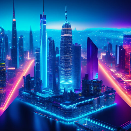 A futuristic cityscape with sleek skyscrapers and neon lights, featuring a giant 3D hologram of a smartphone at the center, surrounded by orbiting gadgets and innovative devices.