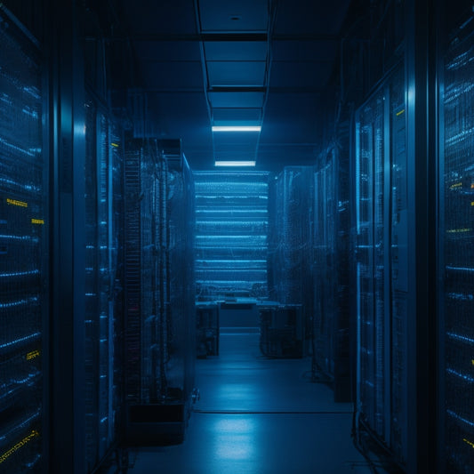 A cluttered, dimly lit data center with rows of humming servers, tangled cords, and stacks of dusty hard drives, surrounded by a halo of glowing blue circuit boards and flickering screens.