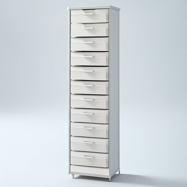 A modern, minimalist vertical storage organizer with 5-7 pull-out drawers in a gradient of whites and grays, set against a clean, light-gray background with subtle shadows and soft, natural light.