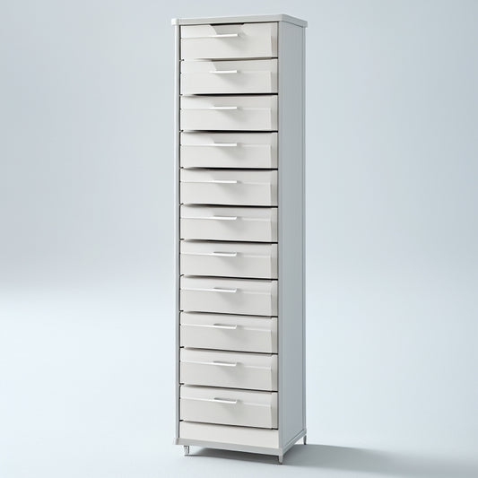 A modern, minimalist vertical storage organizer with 5-7 pull-out drawers in a gradient of whites and grays, set against a clean, light-gray background with subtle shadows and soft, natural light.
