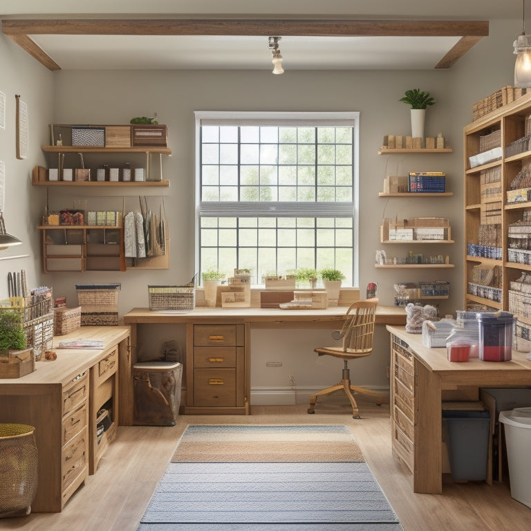 A serene craft room with a large, wooden workstation at its center, surrounded by labeled bins, stacked shelves, and a pegboard adorned with hanging baskets and tools.