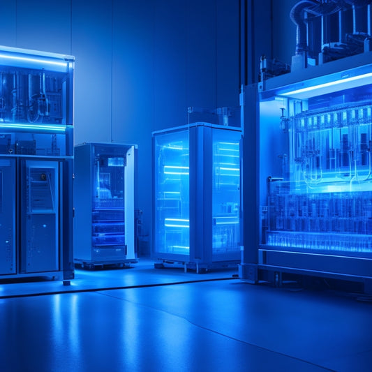 A futuristic laboratory scene with sleek, silver battery modules and glowing blue LED lights, surrounded by futuristic machinery and cables, set against a dark, gradient blue background.