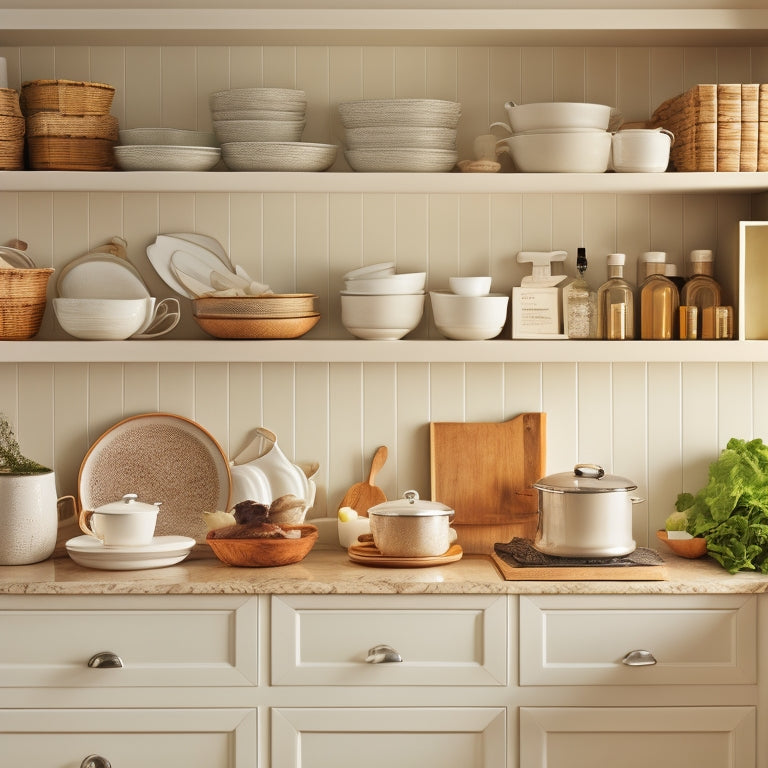 A tidy kitchen with cream-colored cabinets, open to reveal perfectly arranged cookbooks, utensils, and dinnerware, set against a soft, warm background with a subtle marble countertop.