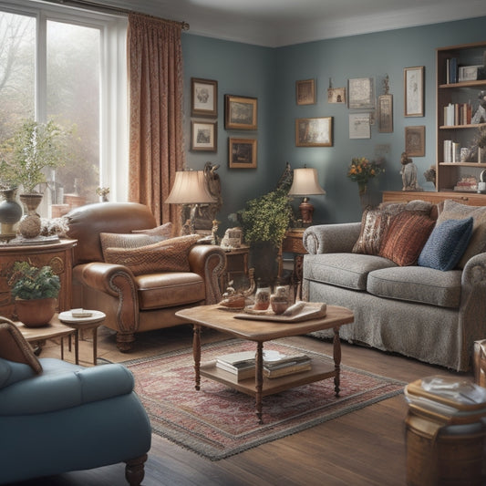 A cozy, clutter-free living room with a senior sitting comfortably on a compact couch, surrounded by minimal, multi-functional furniture and a few cherished mementos.