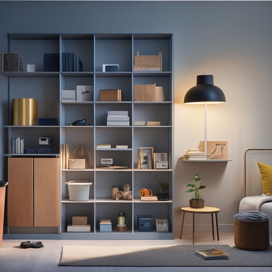 A minimalist, well-lit room with a DRÖNA Box by IKEA in the center, surrounded by various items such as books, clothes, and accessories, with different compartment dividers and color variations.