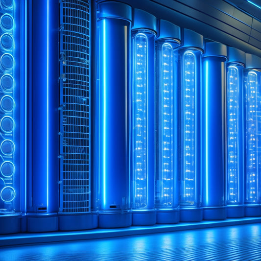 A futuristic, sleek, and silver energy storage facility with rows of gleaming cylindrical batteries, surrounded by a network of neon-lit circuit boards and wires, set against a dark blue background with subtle grid patterns.