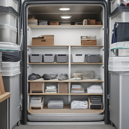 A clutter-free van interior with a sleek, silver shelving system, featuring multiple totes of varying sizes, each with a distinct label, and an organizer with pockets and dividers in the background.