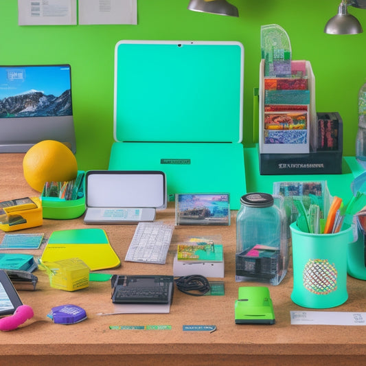 A colorful, cluttered desk with various digital devices, amidst chaos, a sleek digital organizer tablet stands upright, with a bright green "SALE" tag attached, surrounded by scattered coupons and discounts.