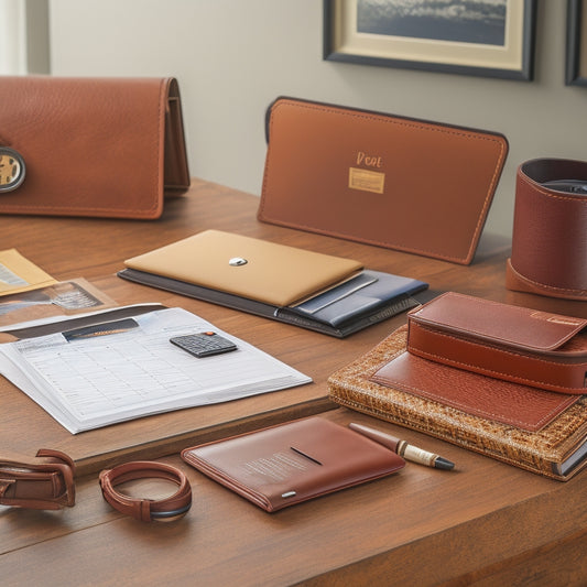 A neat, organized desk with a calendar, a pen holder, and a stack of labeled file folders, surrounded by a few neatly arranged bills and a small, leather-bound wallet.