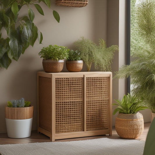 A minimalist storage cube with a natural wood exterior, adorned with metallic hardware and a woven basket on top, surrounded by decorative vases, books, and a few potted plants.