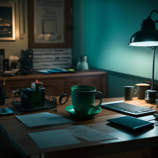 A darkened room with a single, lit laptop on a cluttered desk, surrounded by scattered papers and empty coffee cups, powered by a sleek, compact power backup battery with flashing green lights.