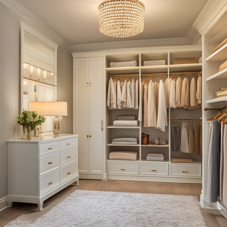 A serene, organized walk-in closet with soft, creamy walls, a plush area rug, and a minimalist chandelier, featuring a double rod with stylish garments, shelves, and a compact, mirrored dresser.