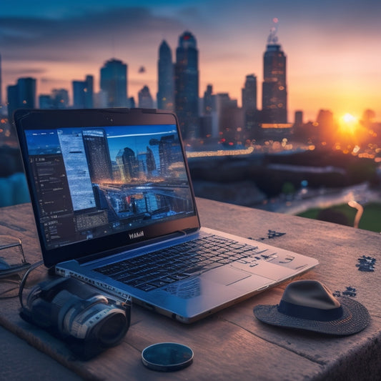 A triumphant laptop with a WiMax symbol on its screen, surrounded by scattered puzzle pieces, with a magnifying glass and a detective's hat nearby, set against a cityscape backdrop at sunset.