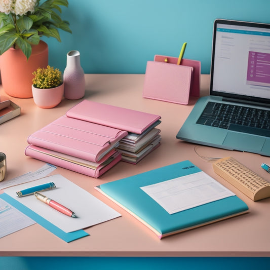 A tidy, modern desk with a laptop, a few pens, and a single, opened planner with colorful tabs, surrounded by a subtle background of soft, pastel-colored files and folders.