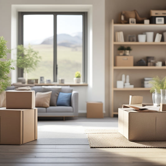 A serene, tidy living room with a few packed boxes, a labeled "donate" box, and a "to-sell" table with a few items, surrounded by a calm, natural background with a subtle moving truck silhouette.