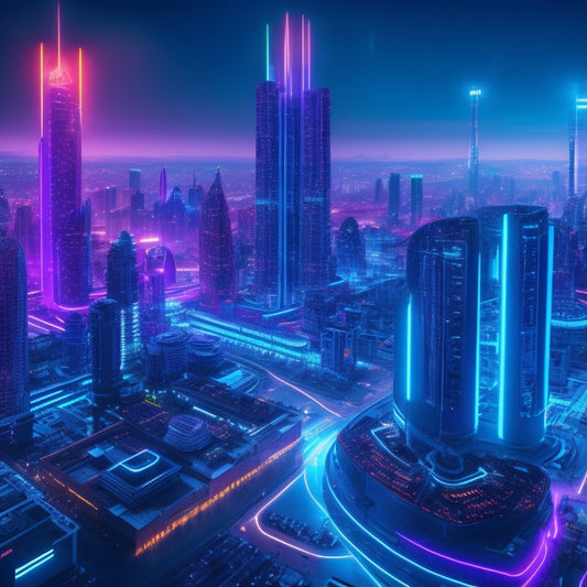 A futuristic, neon-lit cityscape with sleek skyscrapers, surrounded by orbiting digital locks, shields, and glowing blue circuits, conveying cutting-edge security and innovation.