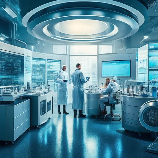 A futuristic laboratory scene with a sleek, silver ID NOW COVID-19 2.0 device centerstage, surrounded by petri dishes, microscopes, and gloved hands, amidst a backdrop of blurred medical professionals in motion.