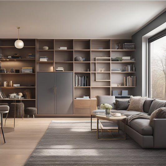 A modern, sleek living room with floor-to-ceiling shelves, sliding drawers, and a Murphy bed, showcasing a clutter-free space with cleverly hidden storage compartments and multi-functional furniture.