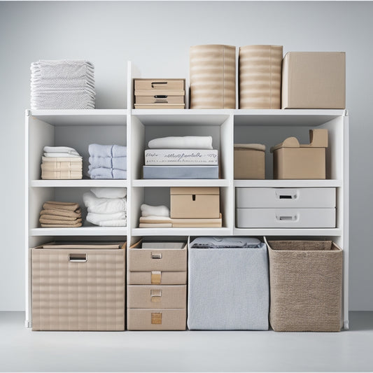 A neatly arranged storage container with various items stacked and organized, including folded clothes, stacked boxes, and a few visible labels, against a clean white background.