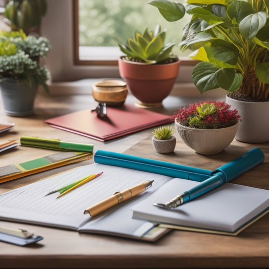 A tidy desk with a Franklin Planner opened to a colorful, filled-out weekly spread, surrounded by a few neatly stacked papers, a pen, and a small potted plant.