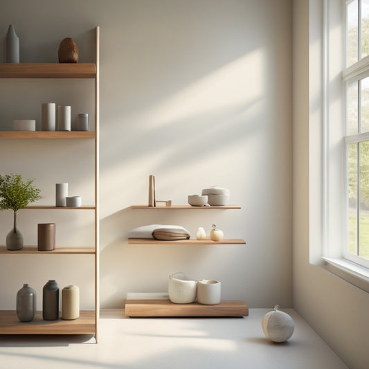 A serene, minimalist room with a sleek, wall-mounted shelving system, holding a few, carefully curated possessions, surrounded by plenty of negative space and warm, natural light filtering through a large window.