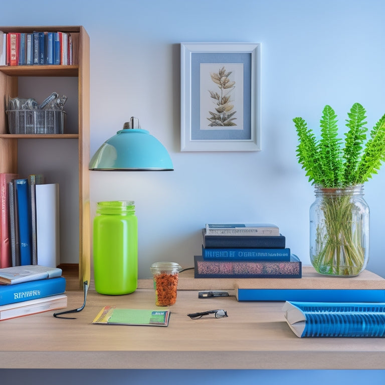 A tidy, modern desk with a repurposed mason jar pencil holder, a stack of color-coded files, and a minimalist wall shelf with a few choice productivity books.