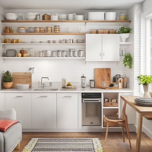 A bright, modern tiny kitchen with sleek white cabinets, stainless steel appliances, and a small wooden table, showcasing a pull-out pantry, a pegboard with hanging utensils, and a wall-mounted pot rack.