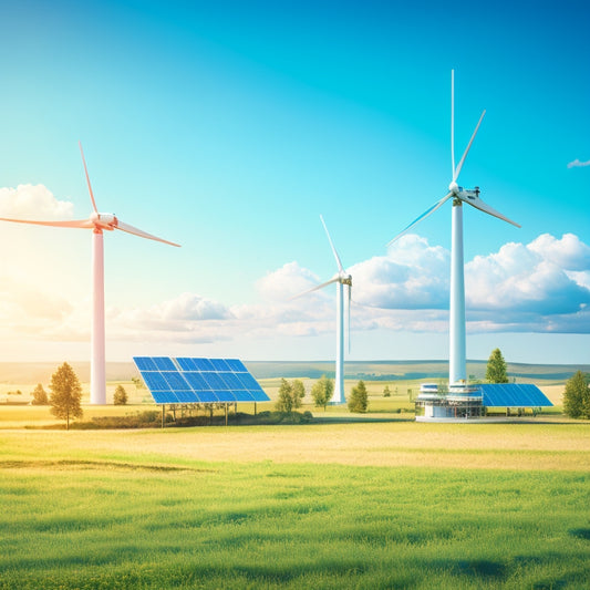 An illustration of a futuristic oil rig with solar panels and wind turbines surrounding it, amidst a serene, green landscape with a bright blue sky and a few fluffy white clouds.
