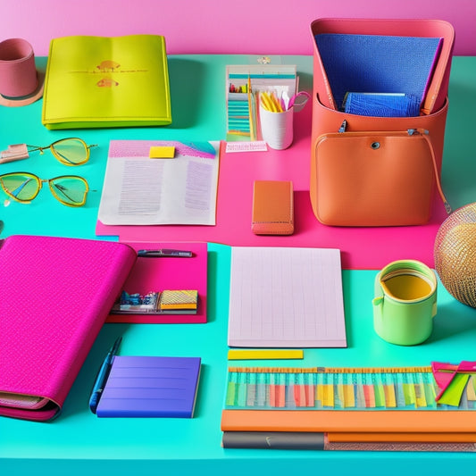 A tidy desk with a colorful array of organizers, planners, and accessories, including a leather-bound planner, a set of brightly hued pens, and a woven basket overflowing with paper clips and sticky notes.