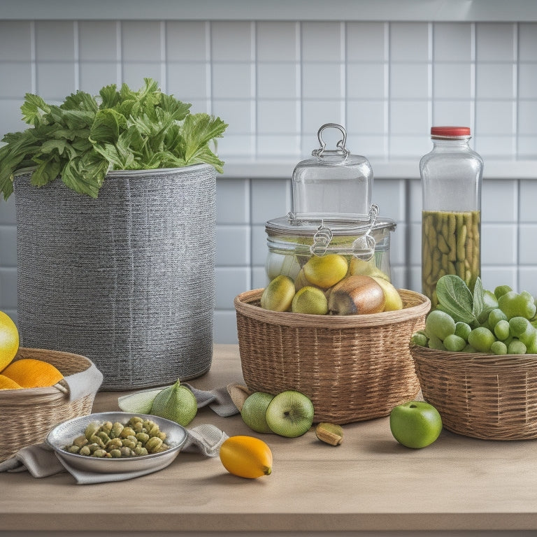 A tidy kitchen countertop with a set of matching, stackable glass containers, a stainless steel canister, and a woven basket, surrounded by fresh fruits and vegetables, on a warm, wooden background.