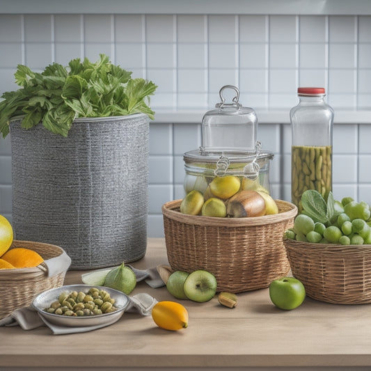 A tidy kitchen countertop with a set of matching, stackable glass containers, a stainless steel canister, and a woven basket, surrounded by fresh fruits and vegetables, on a warm, wooden background.