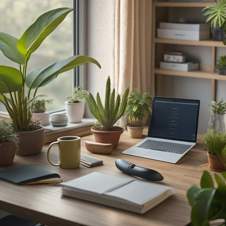A clutter-free desk with a neatly organized laptop, papers stacked in labeled trays, and a small potted plant, set against a calming background with a subtle hint of natural light.