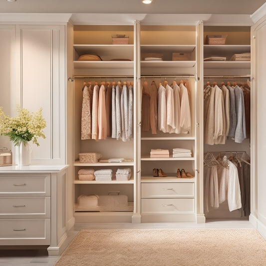 A serene, well-lit walk-in closet with cream-colored walls, featuring a floor-to-ceiling shelving unit, a double-rod closet organizer, and a built-in dresser with soft-close drawers.