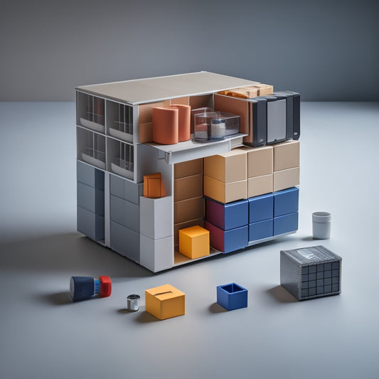 A partially assembled cube storage organizer with several storage cubes stacked on top of each other, with some cubes open to reveal contents, and various assembly tools and instructions scattered around.