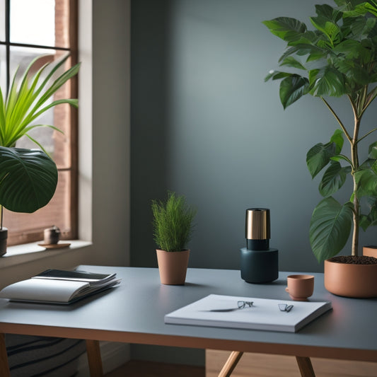 A serene, well-lit room with a minimalist aesthetic, featuring a tidy desk with a few, thoughtfully arranged decorative items and a single, potted plant, surrounded by ample negative space.