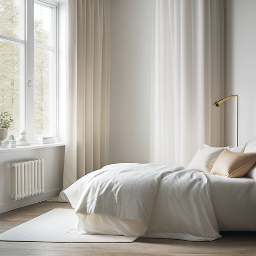 A serene, minimalist bedroom with a plush, white duvet, a single, modern nightstand, and a floor-to-ceiling window with soft, billowy curtains, surrounded by a subtle, creamy glow.