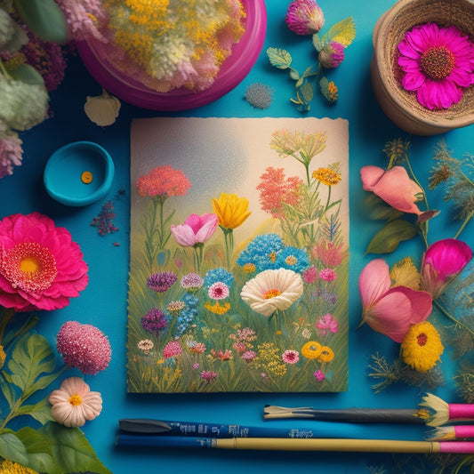 A whimsical, dreamlike illustration featuring a blooming garden, with vibrant gouache flowers and leaves, surrounded by scattered paintbrushes, art supplies, and subtle, swirling patterns of artistic expression.