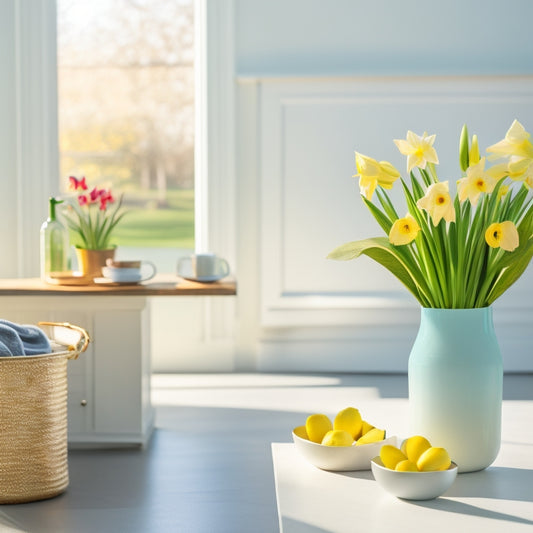 A bright and airy interior with a sparkling clean floor, a few neatly organized storage bins, and a lone daffodil in a vase, set against a soft, pastel-colored background.