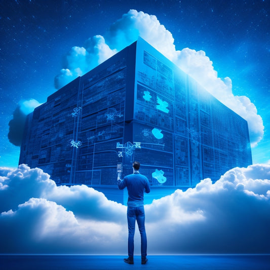 A stylized illustration of a person standing in front of a large, glowing blue Azure cloud, with puzzle pieces fitting together around them, surrounded by tiny icons of servers, databases, and networks.