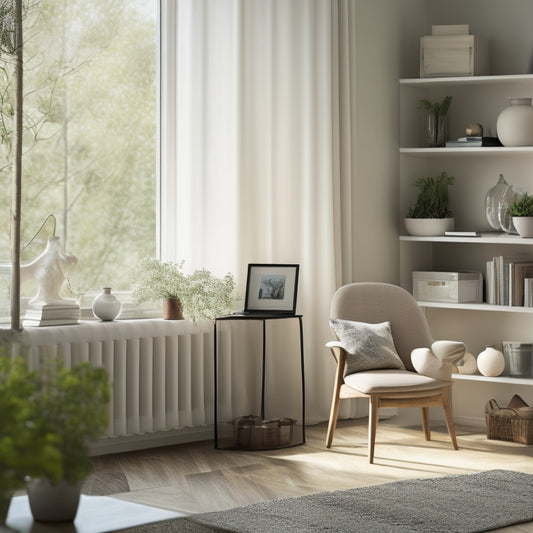 A serene, minimalist living room with a few, carefully selected decorative items, a tidy bookshelf, and a small, organized desk in the corner, surrounded by a subtle, natural light.